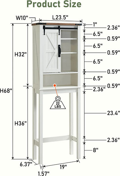 OKD Farmhouse Over The Toilet Bathroom Organizer, Freestanding Storage Cabinet with Sliding Barn Door, Bathroom Space Saver Toilet Stands(Antique White)