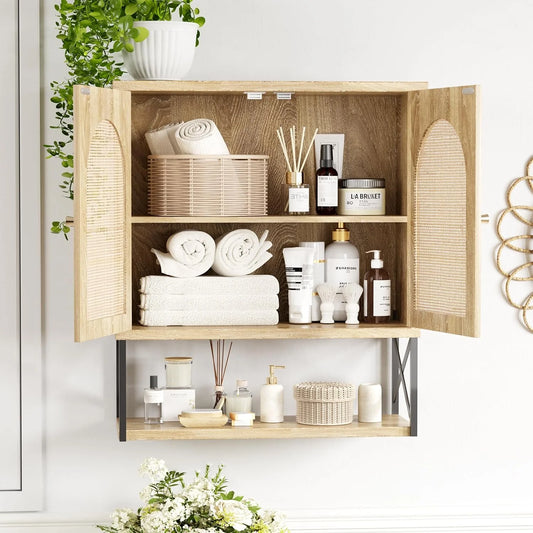 VEANERWOOD Rattan Bathroom Wall Storage Cabinet with Double Doors and Adjustable Shelves, Medicine Wall Storage Cabinet for Kitchen, Toilet, Bathroom