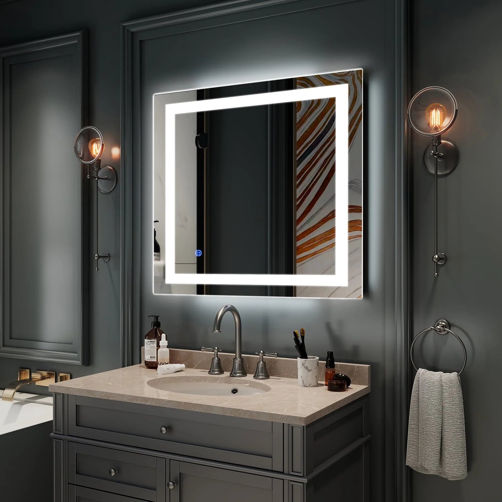 UBesGoo 32"x32'' Led Lighted Bathroom Mirror-Wall Mounted Touch Switch Illuminated Mirror,Vanity Mirrors for Home or Hotel,Silver