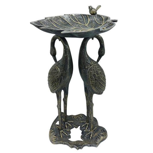 Oakland Living Corporation Cast Aluminum 30-in Twin Crane Bird Bath with Leaf Bowl Antique Pewter