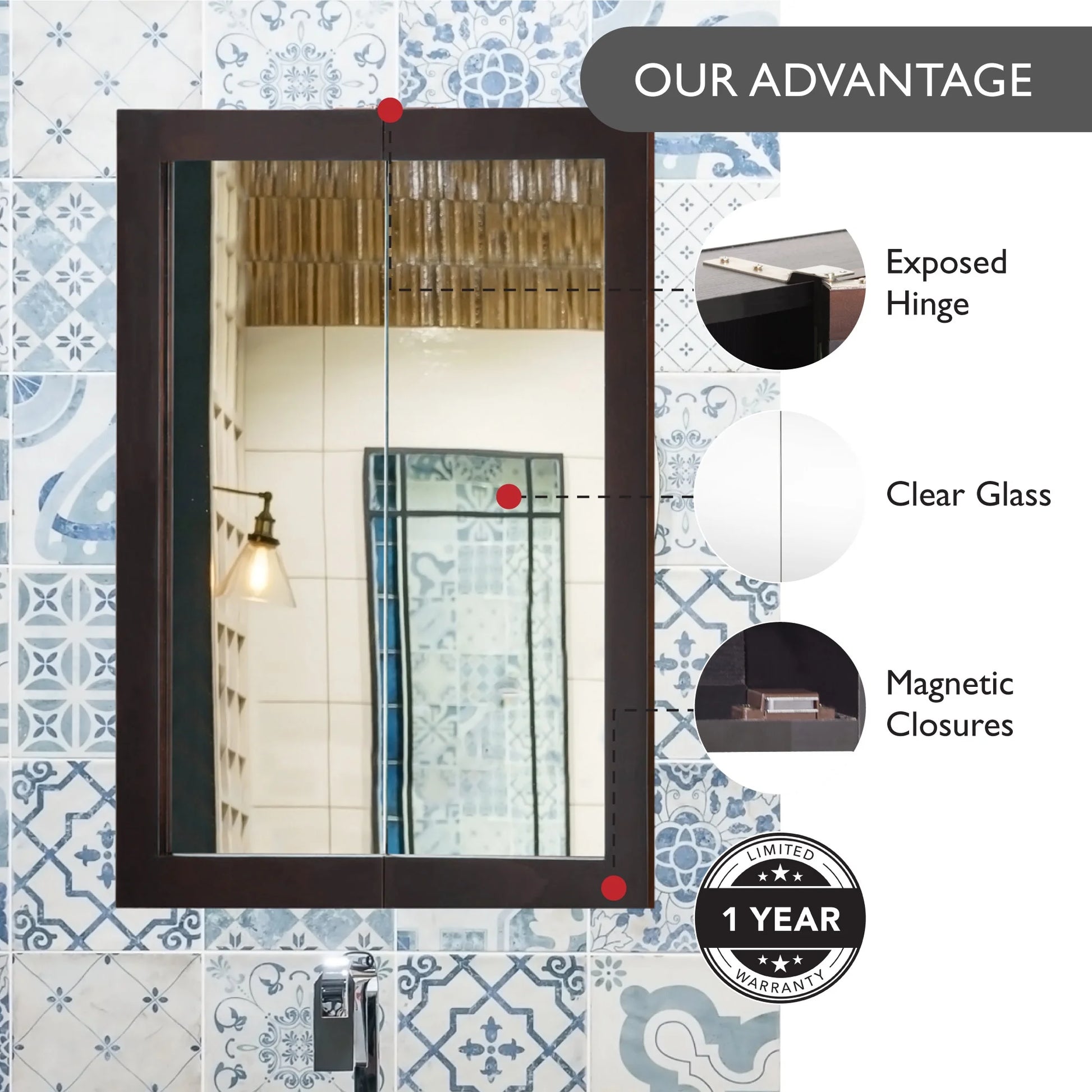 Design House Ventura 24" Wall Mounted Mirrored Bathroom Medicine Cabinet, Espresso