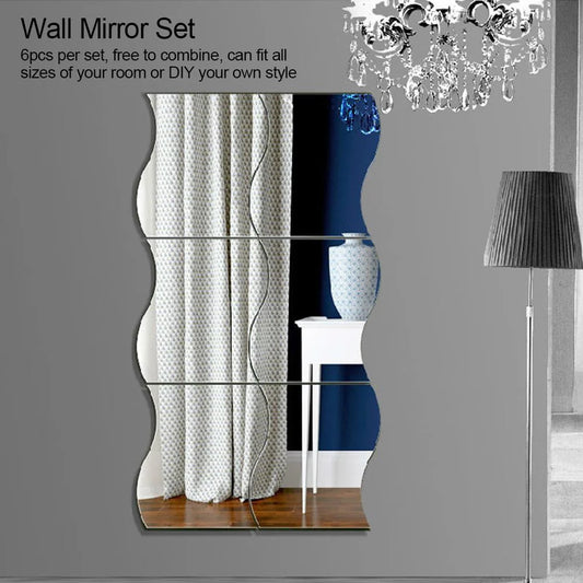 Ccdes Wall Mirror Set,6Pcs/Set Waves Shape Wall Mirror Sticker Free Combination Home Bathroom Decor,Wall Mirror