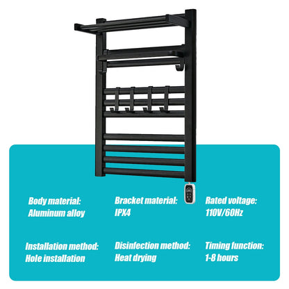 Heated Towel Rack Aluminum Heater Bathroom Warmer Shelf, Remote Control, 10 Rails+ 6 Hooks