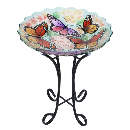 Glass Birdbath with Metal Stand Outdoor for Lawn Yard Garden Butterfly Decor, 18�?Dia 21.65�?Height