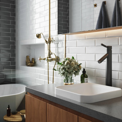 KRAUS Natura Square Semi-Recessed Composite Bathroom Sink with Matte Finish and Nano Coating in White