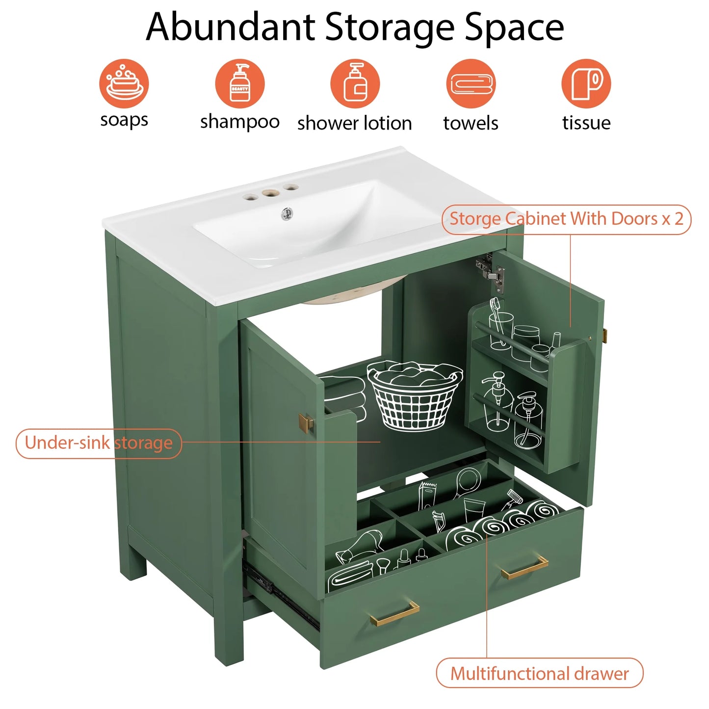 Harper & Bright Designs 30" Bathroom Vanity with Sink Combo, Bathroom Cabinet with Ceramic Top, Multifunctional Storage Doors and Drawer, Green