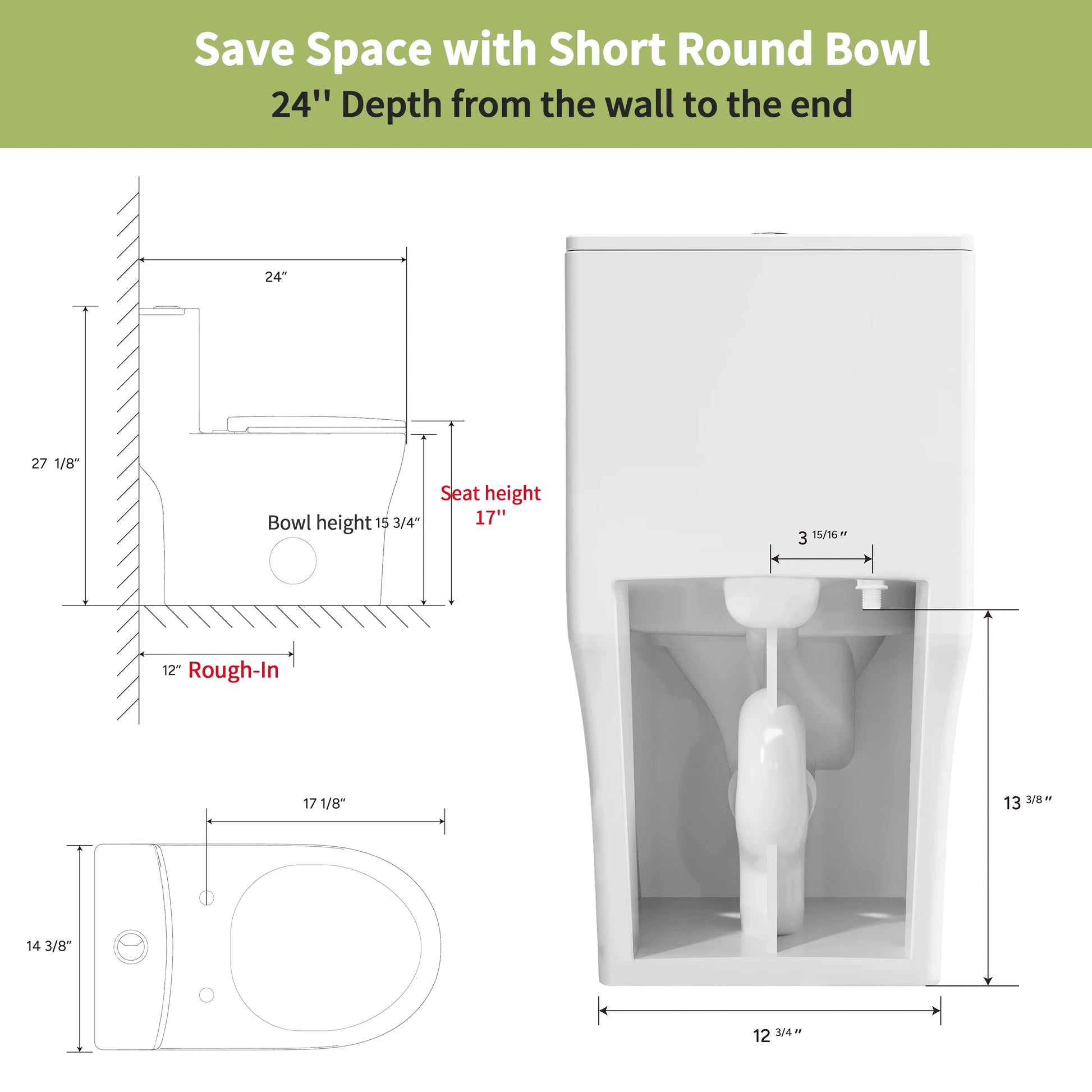 Casta Diva Round Toilet White 1-Piece Toilet for Small Bathrooms, Power Dual Flush and MAP 1000g (Seat Included), 12'' Rough-in