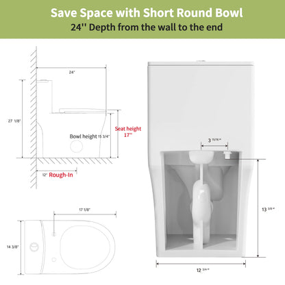 Casta Diva Round Toilet White 1-Piece Toilet for Small Bathrooms, Power Dual Flush and MAP 1000g (Seat Included), 12'' Rough-in