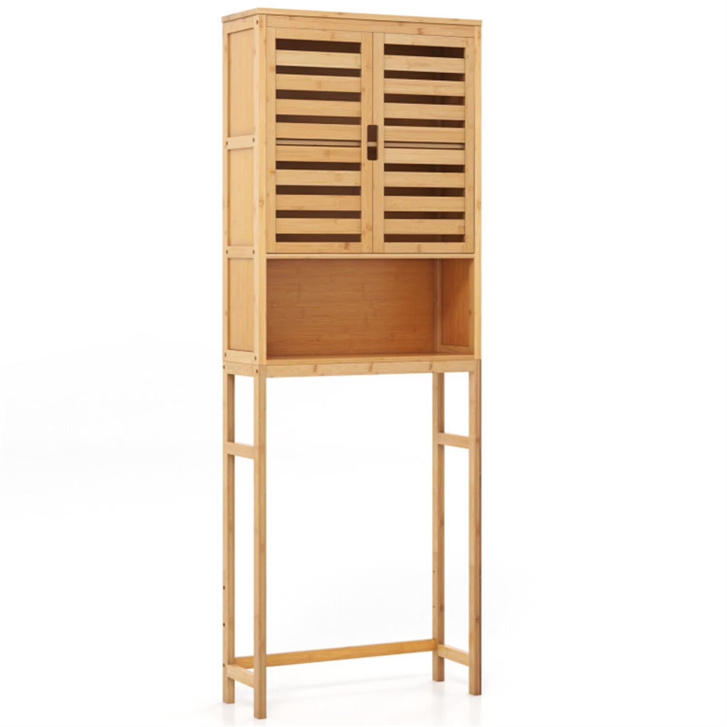 Finihen Bamboo Over The Toilet Storage Cabinet, Tall Bathroom Cabinet Organizer with Cupboard and Adjustable Shelves for Laundry Room, Balcony, Natural