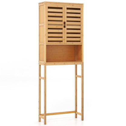 Finihen Bamboo Over The Toilet Storage Cabinet, Tall Bathroom Cabinet Organizer with Cupboard and Adjustable Shelves for Laundry Room, Balcony, Natural