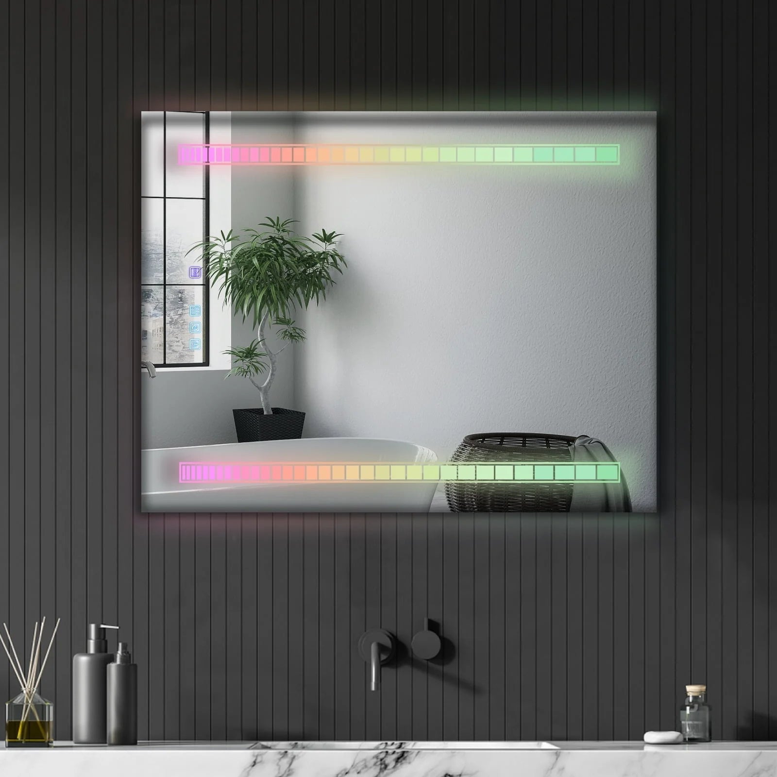 Ktaxon RGB LED Bathroom Mirror, Wall-Mounted Vanity Mirror with Lights, Wall Mirror Hanging Mirror with Anti-Fog Dimmable, Power-Off Memory, 36"x28" Silver