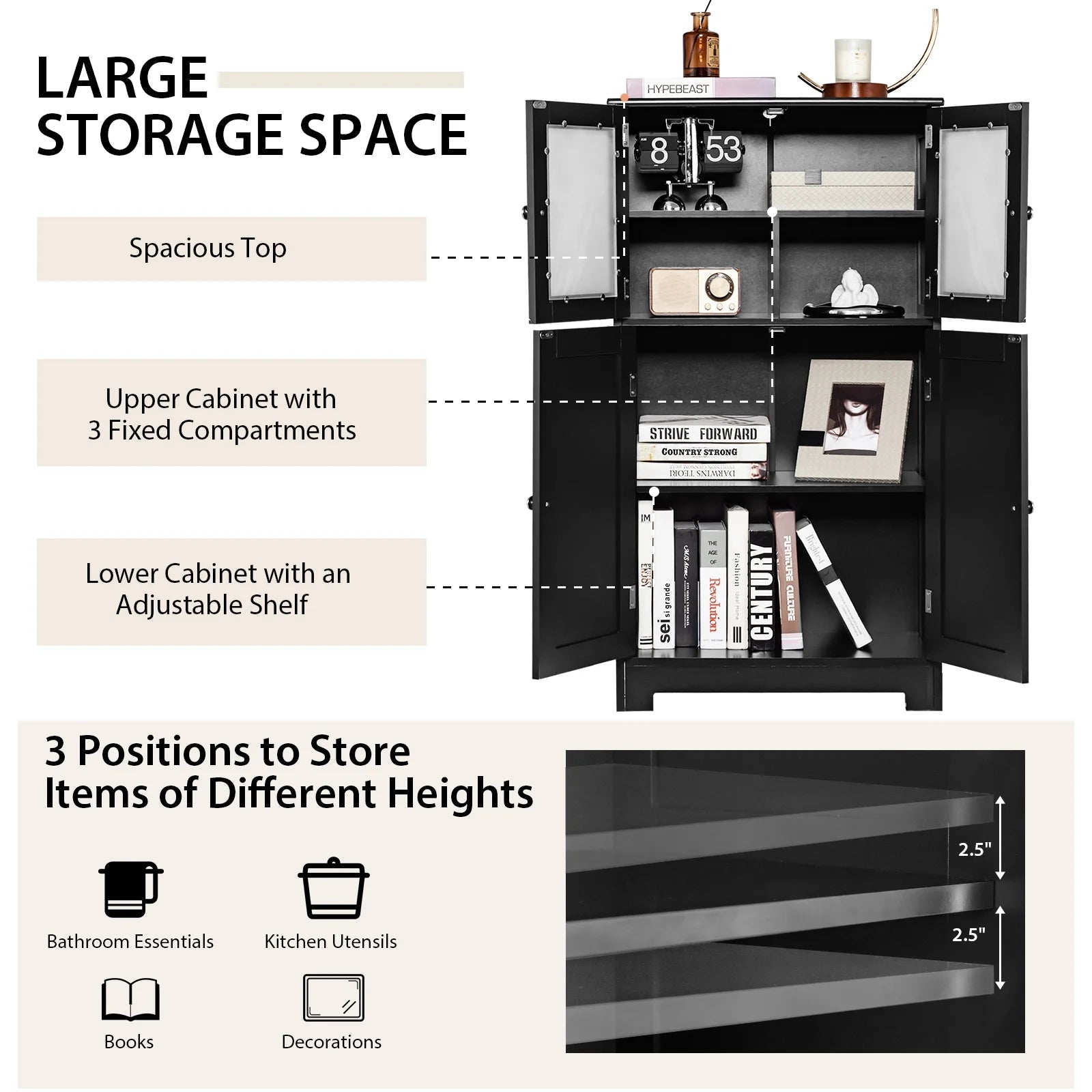 Costway Bathroom Floor Storage Cabinet Kitchen Cupboard w/Doors&Adjustable Shelf Black