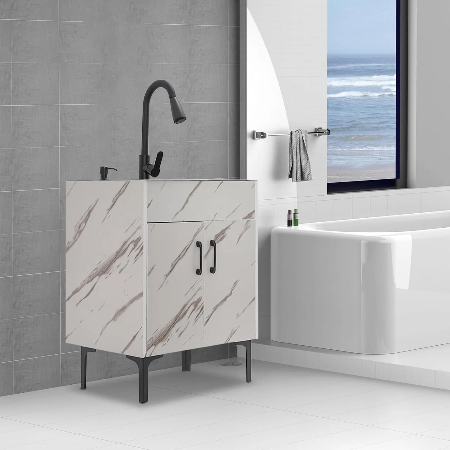 Laundry Sink Cabinet with Pull-Down Faucet Stainless Steel Utility Sink for Laundry Utility Room Bathroom Vanity Sink Cabinet with 2 Doors for Kitchen Outdoor (White)