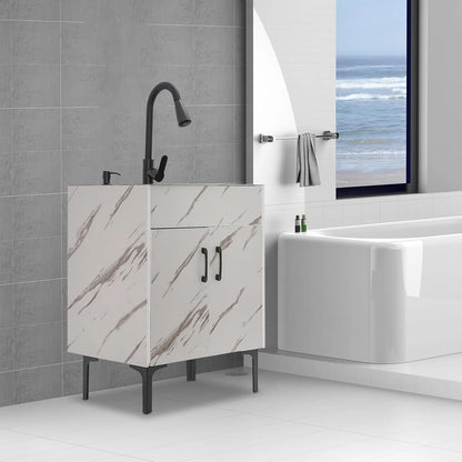 Laundry Sink Cabinet with Pull-Down Faucet Stainless Steel Utility Sink for Laundry Utility Room Bathroom Vanity Sink Cabinet with 2 Doors for Kitchen Outdoor (White)