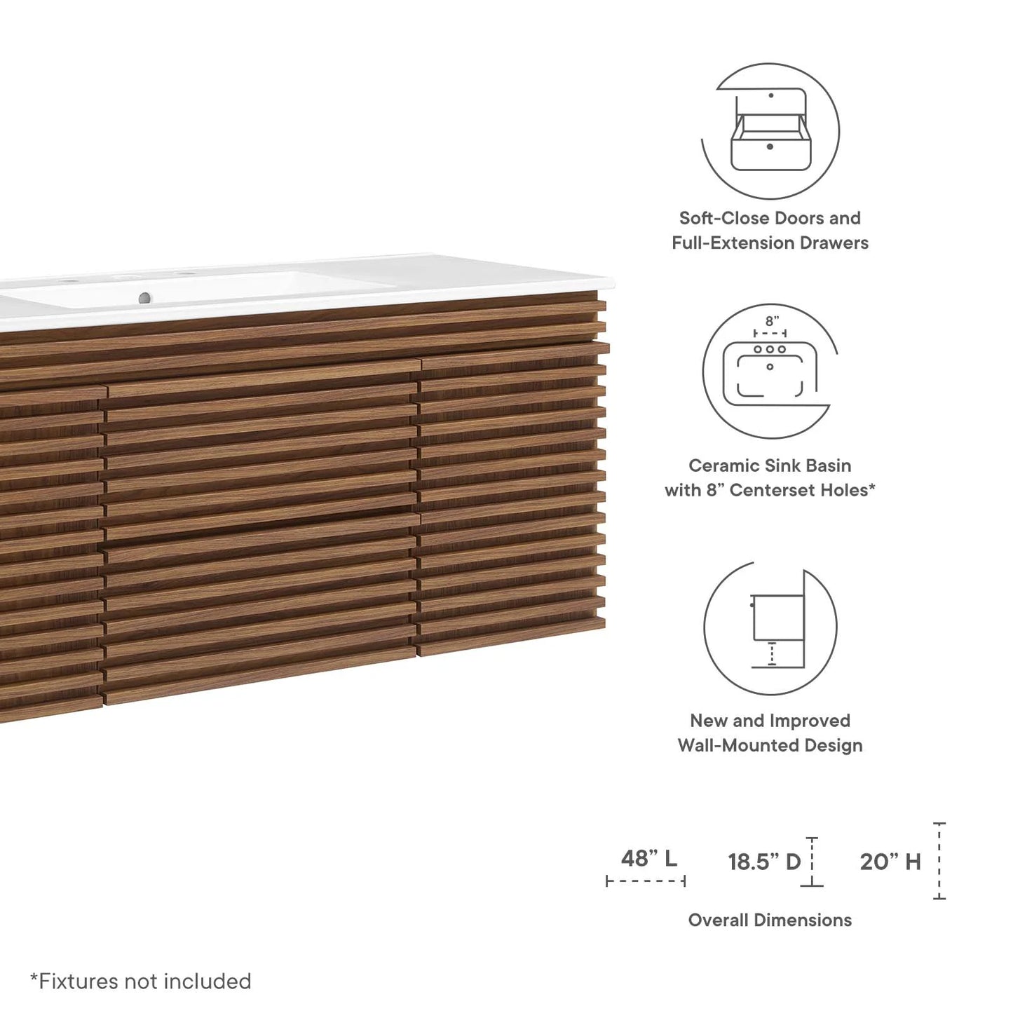 Modway Render 48" Wall-Mount Bathroom Vanity in Walnut White