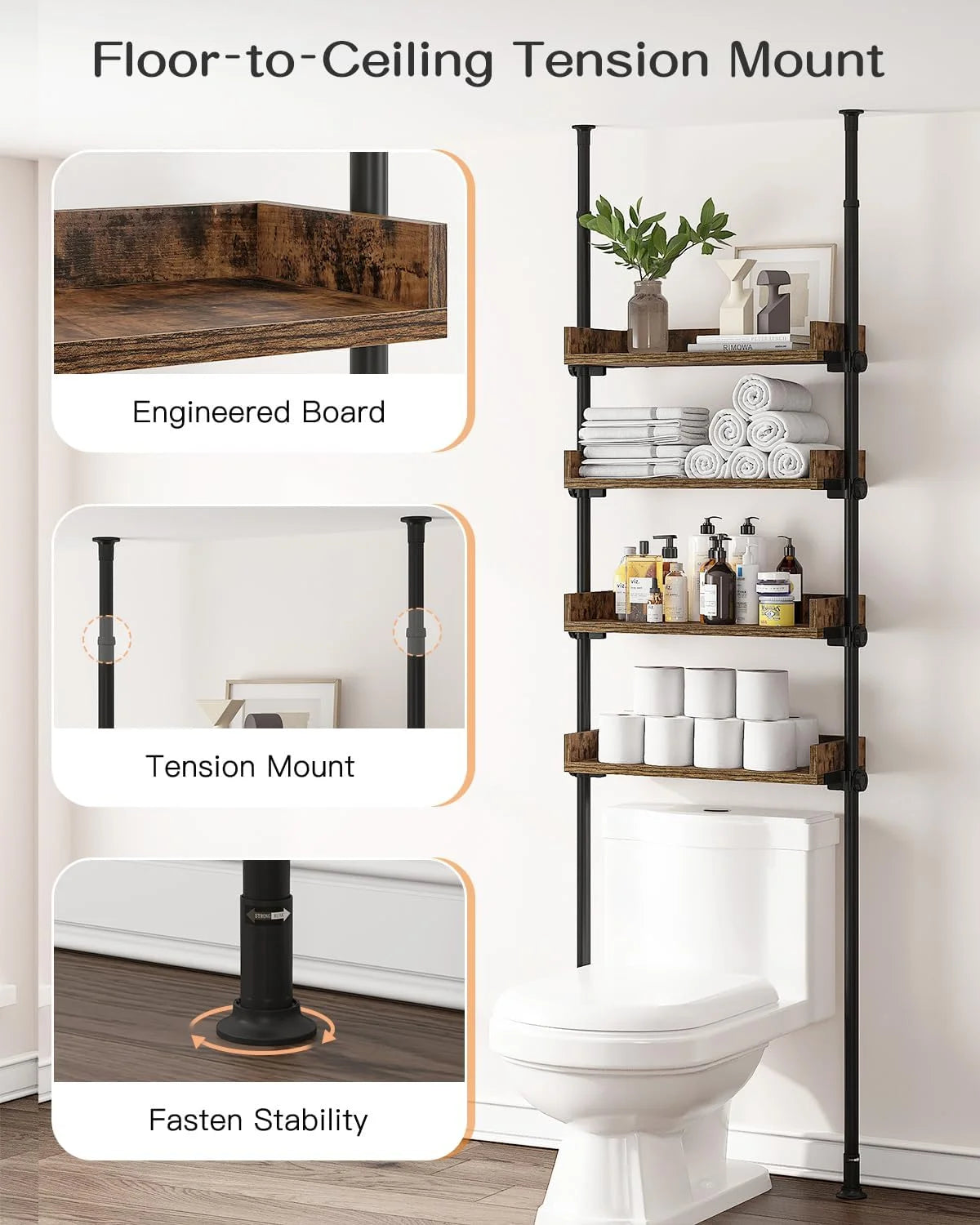 Adjustable Over The Toilet Storage Cabinet, Tension Mount Bathroom Organizers and Storage Over Toilet with 3 Tier Shelves, Over Toilet Bathroom Organizer Fit 92-116 Inch Tall, Rustic Brown