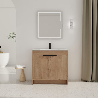 36 Inch Bathroom Vanity with White Ceramic Sink Combo, Large Storage Modern Freestanding Small Single Bath Vanity for Bathroom, Plain Light Oak