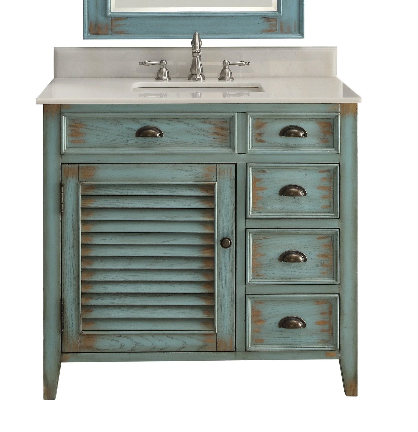 Benton Collection 36" Distressed Blue Farmhouse Bathroom Vanity with White Marble Top