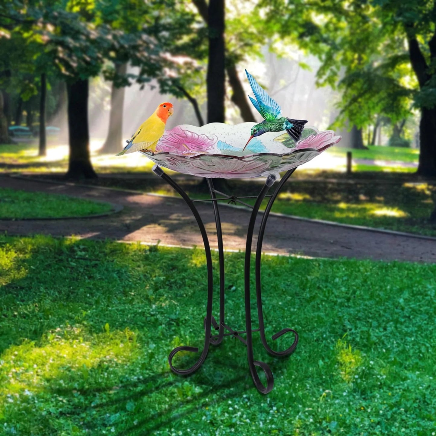 Glass Bird bath with Metal Stand for Garden, Bird Feeder 18 inch Bowl Pink Bird Bath Yard Lawn Decor