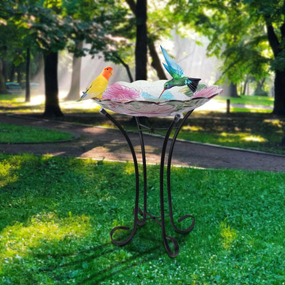 Glass Bird bath with Metal Stand for Garden, Bird Feeder 18 inch Bowl Pink Bird Bath Yard Lawn Decor