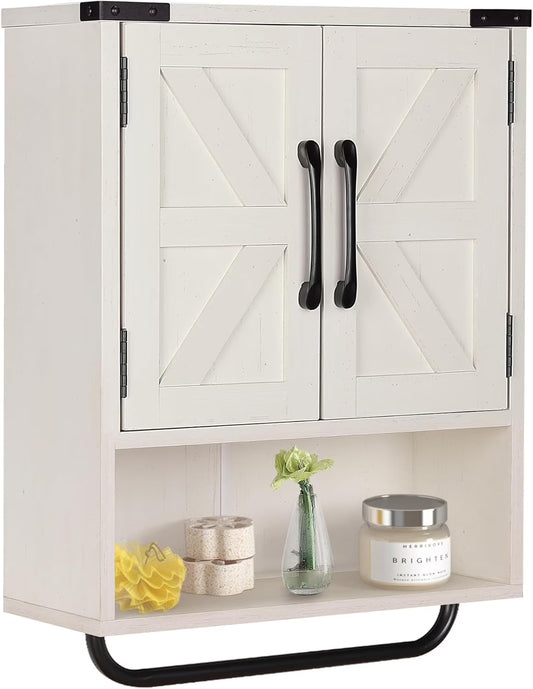 Farmhouse Wall Storage Cabinet with Two Barn Door, Rustic Mounted Medicine Cabinet with Adjustable Shelf and Towel Bar, 3-Tier Wood Cabinet for Kitchen, Bathroom, Living Room (Vintage White)