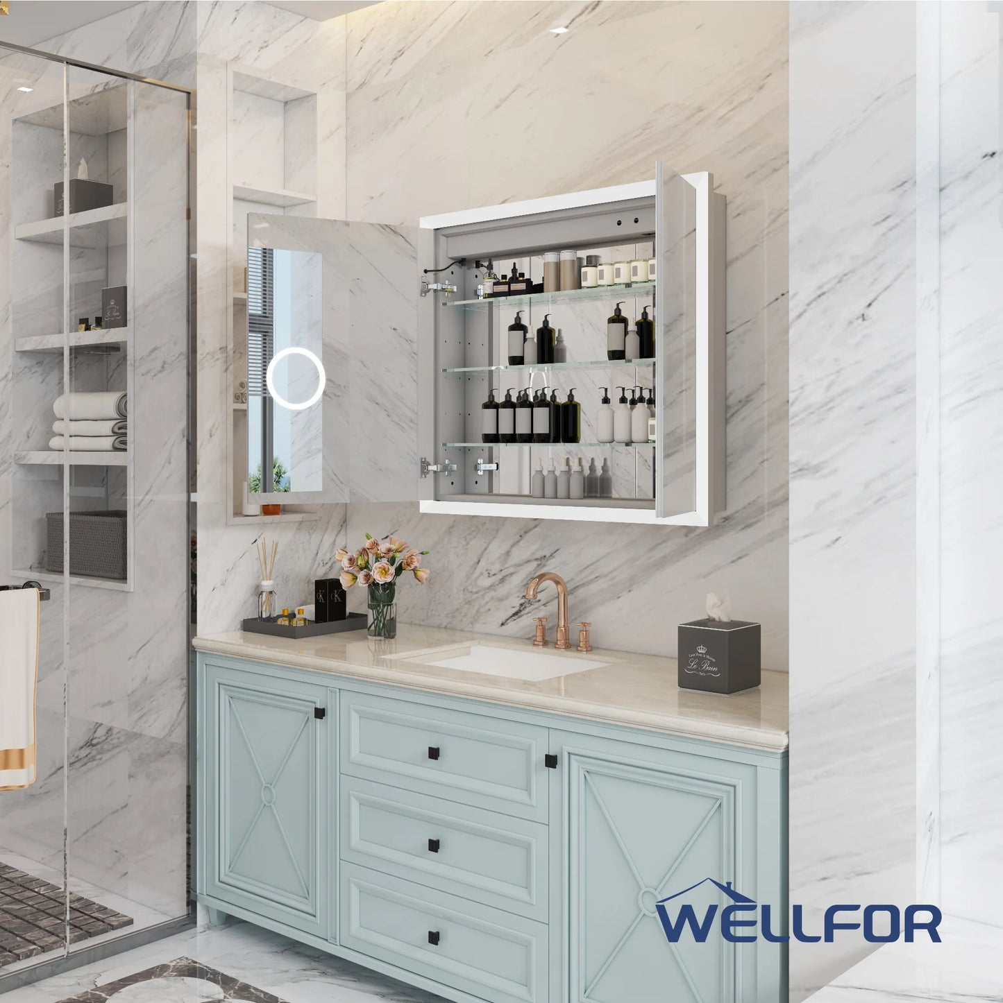 ANGELES HOME 36" x 32" LED Lighted Bathroom Medicine Cabinet with Mirror, 3X Magnification Makeup Mirror, Vanity Mirror Cabinet w/ Defogger, Dimmable, Memory Function, Outlets & USB
