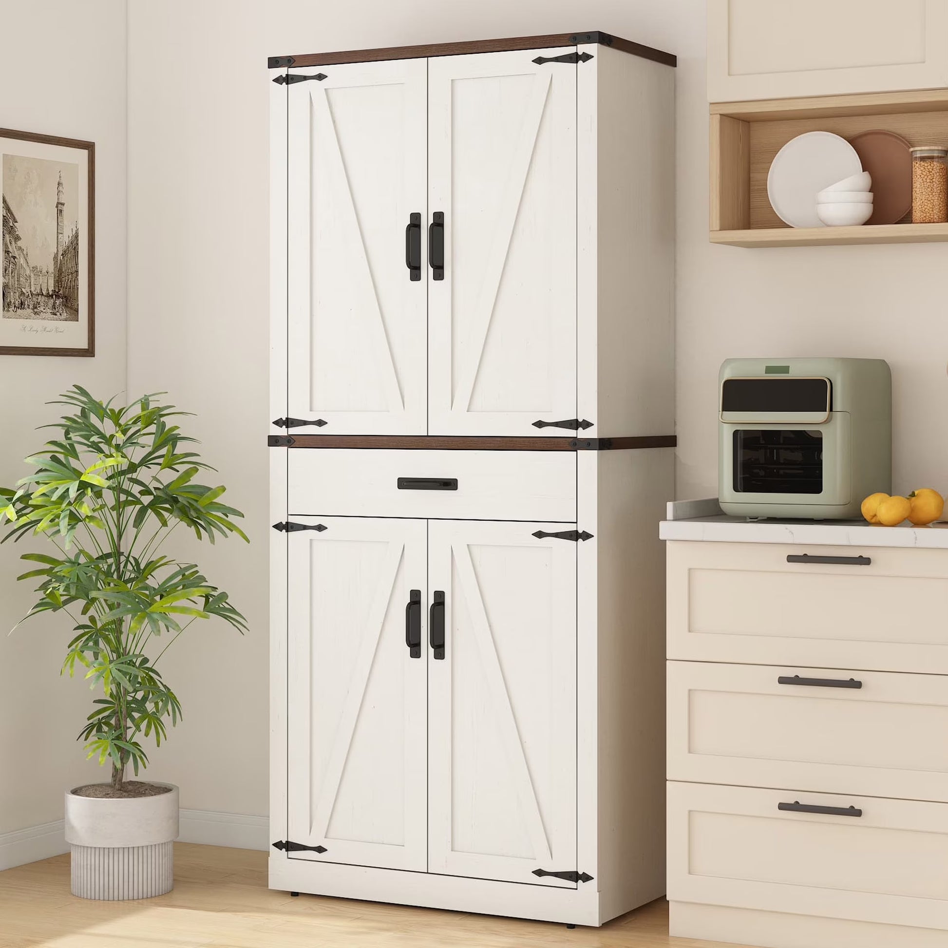 72" Tall Kitchen Pantry, Farmhouse Pantry Cabinet with 1 Drawer & 4 Layer Adjustable Shelves, Rustic Wood Storage Cupboard with Metal Load-Bearing Pipe for Kitchen Bathroom Living Room Hallway
