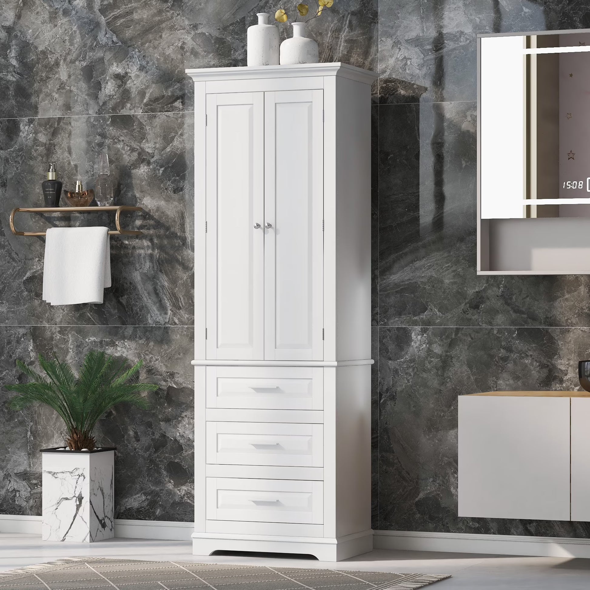 Bellemave White Tall Storage Cabinet with Adjustable Shelf Bathroom Cabinet with 1 Drawer and Storage Rack Large Freestanding Wood Cabinet Storage Organizer Floor Cabinet, White