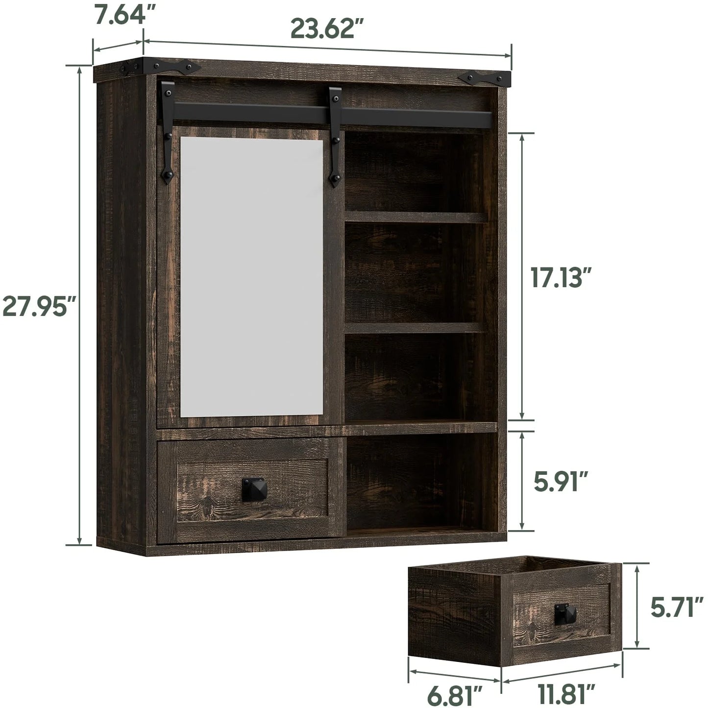 Vabches Farmhouse Bathroom Wall Storage Cabinet with Sliding Mirror Door, Adjustable Shelves, Over The Toilet Storage, Dark Rustic Oak