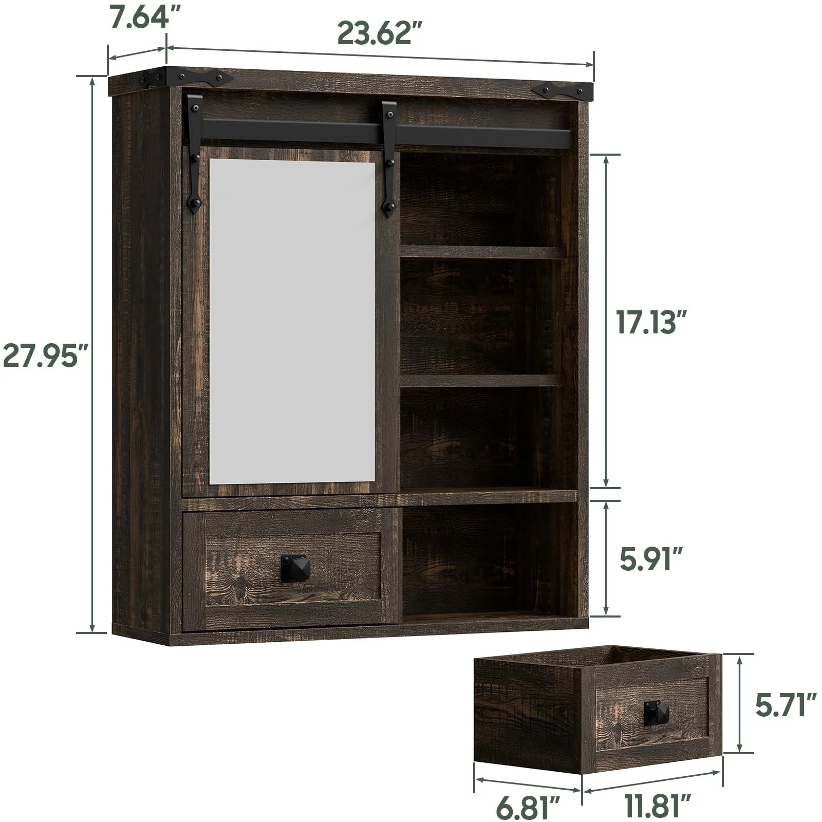 Vabches Farmhouse Bathroom Wall Storage Cabinet with Sliding Mirror Door, Adjustable Shelves, Over The Toilet Storage, Dark Rustic Oak