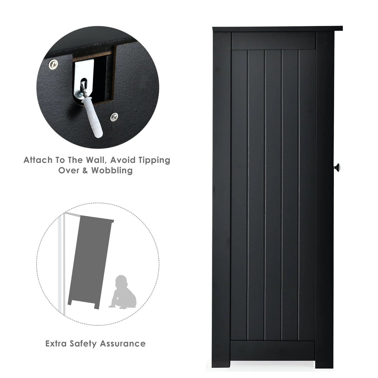 Costway Bathroom Floor Cabinet Side Storage Cabinet with 3 Drawers and 1 Cupboard Black