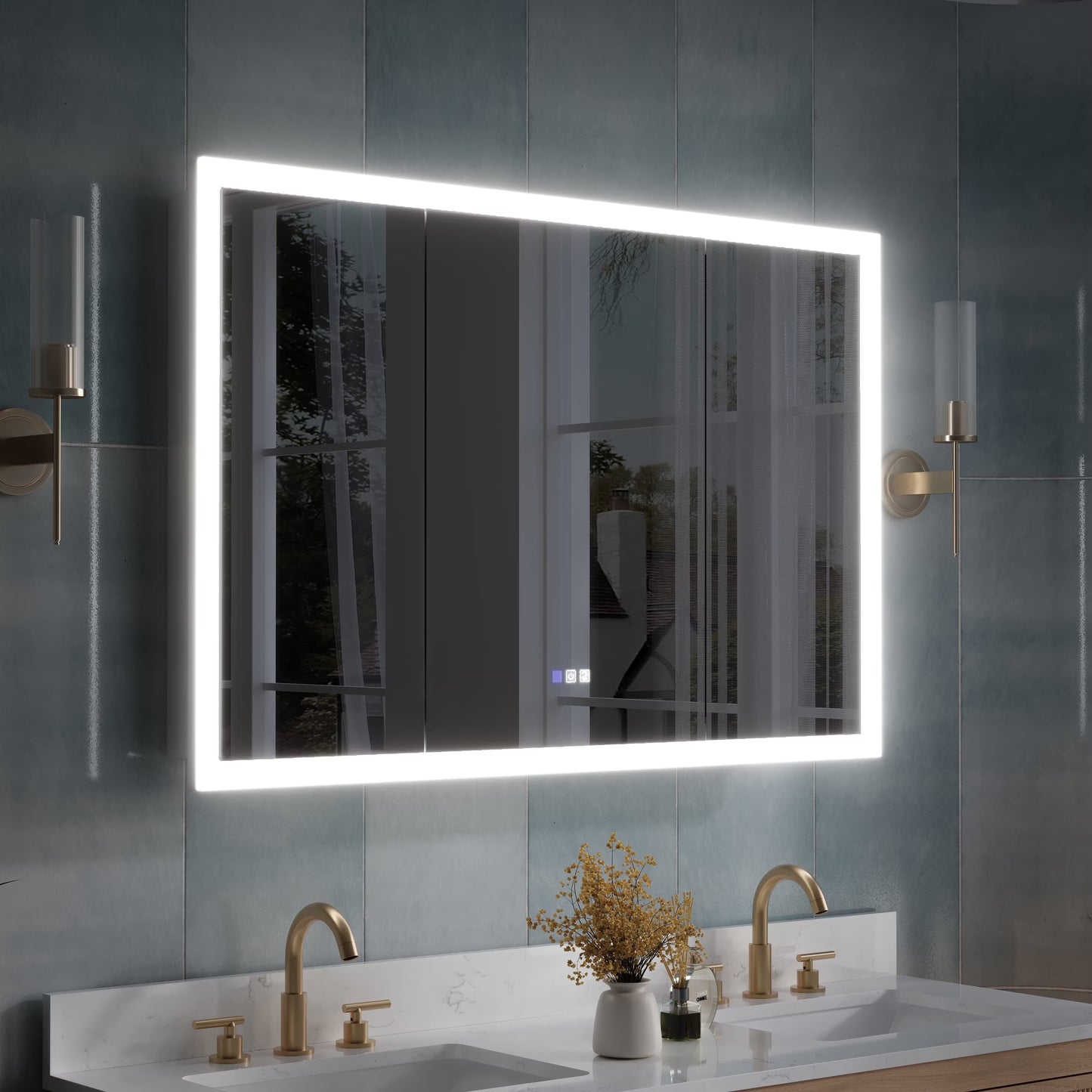 ANGELES HOME 36" x 32" LED Lighted Bathroom Medicine Cabinet with Mirror, 3X Magnification Makeup Mirror, Vanity Mirror Cabinet w/ Defogger, Dimmable, Memory Function, Outlets & USB