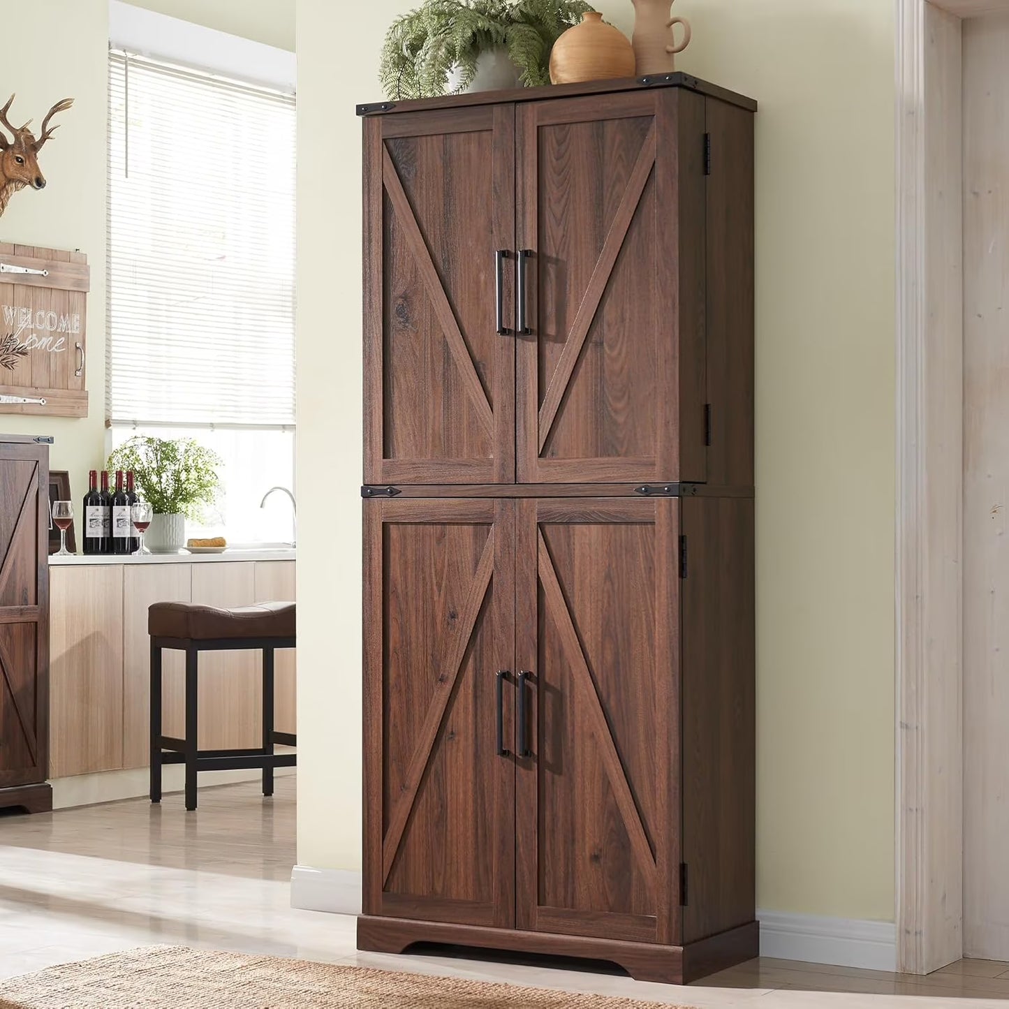47" Kitchen Pantry, Farmhouse Storage Cabinet with Barn Doors, Organizer and Adjustable Shelves, Rustic Wood Cupboard for Kitchen, Dining Room, Bathroom and Hallway, Black