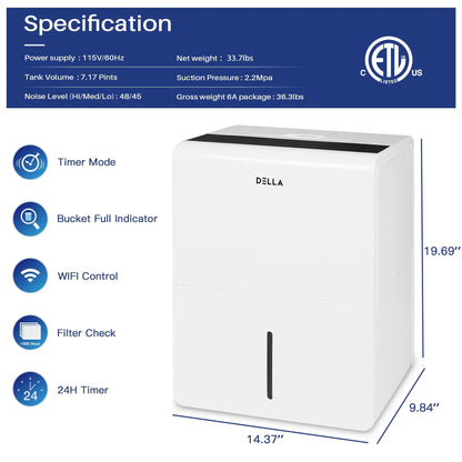 DELLA 3000 Sq. Ft Smart Dehumidifier WIFI, 35 Pint DOE (Previously 50 pint), 115V Energy Star Appliance, Ideal for Basements, Large & Medium Roo\ms, and Bathrooms