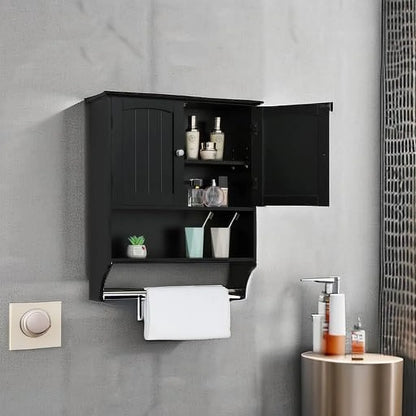 Bathroom Wall Cabinet with Adjustable Shelf & Doors, Over The Toilet Storage Cabinet, Medicine Cabinet for Bathroom, Laundry Room, Kitchen, Black