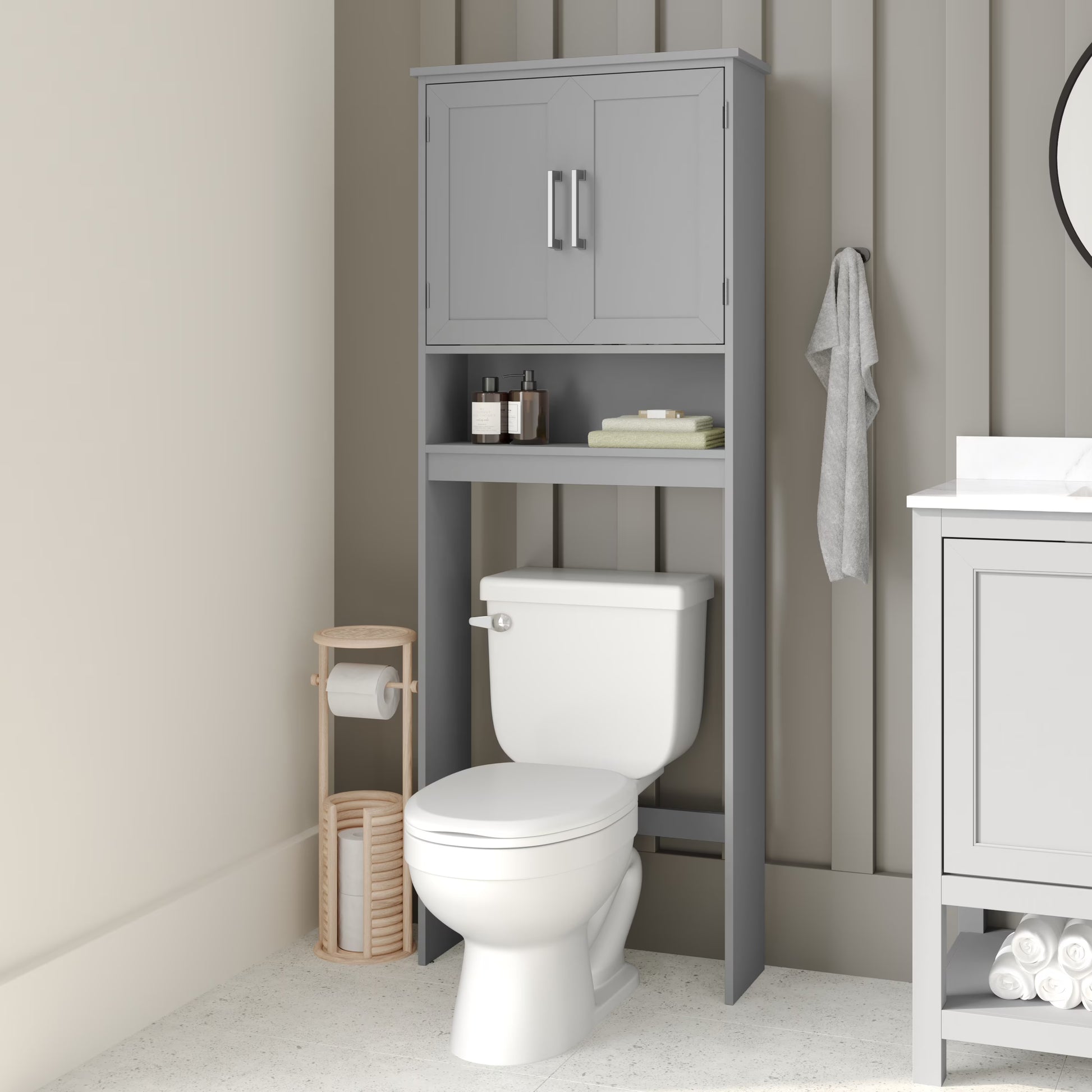 Emma + Oliver Over the Toilet Cabinet Storage Bathroom Organizer with In-Cabinet Adjustable Shelf, Open Lower Shelf, and Dual Magnetic Closure Doors in White