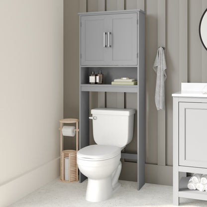 Emma + Oliver Over the Toilet Cabinet Storage Bathroom Organizer with In-Cabinet Adjustable Shelf, Open Lower Shelf, and Dual Magnetic Closure Doors in White