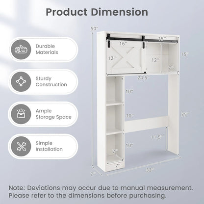 FONIRRA Over The Toilet Storage Cabinet with Sliding Barn Door Storage Shelves, Toilet Bathroom Organizer for Restroom Laundry, White