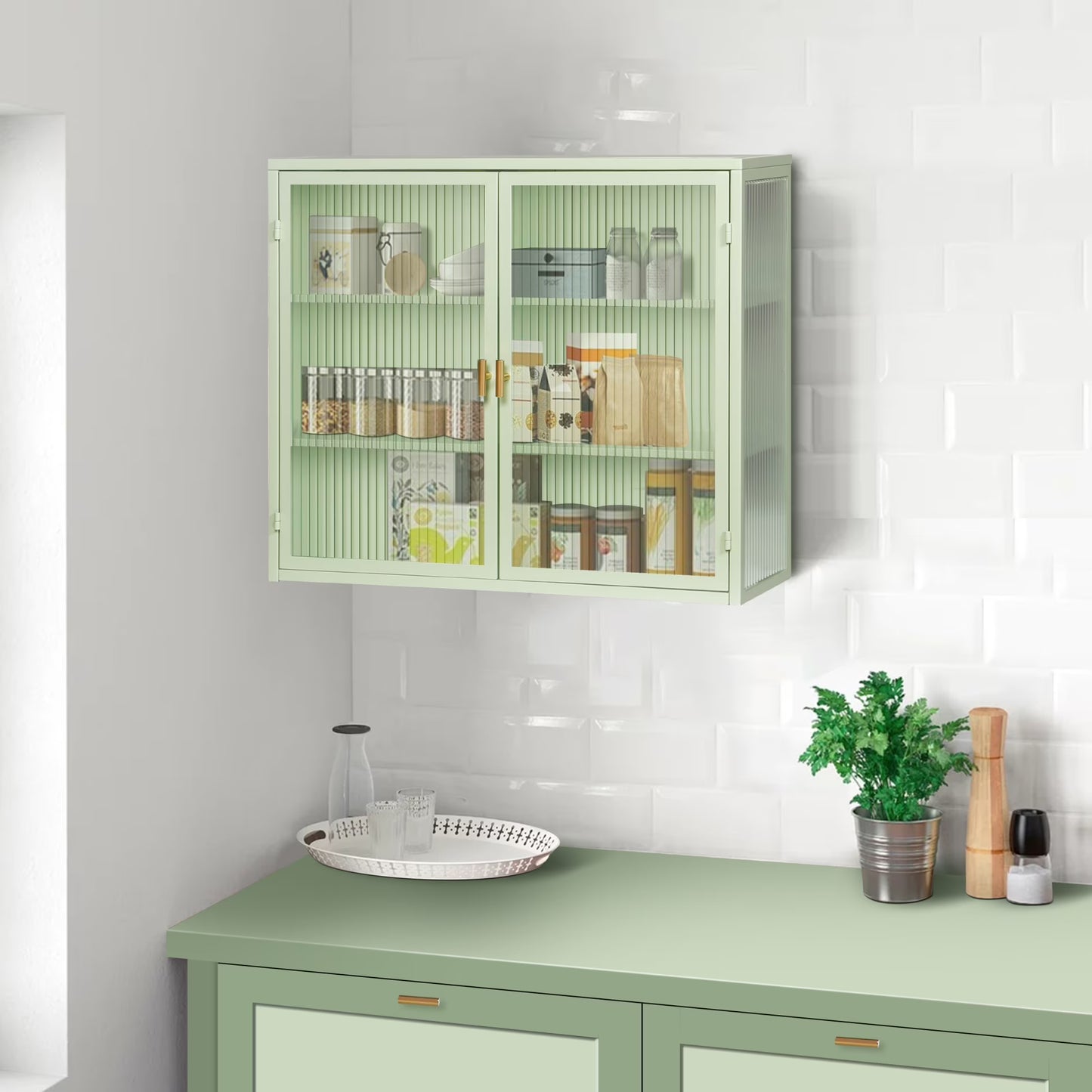 Two-door Wall Cabinet, Modern Kitchen Wall Mounted Cabinet with 2 Glass Doors, Two-tier Enclosed Storage, an Open Shelf, Towel Rack, Metal Wall Cabinet for Entryway, Living Room, Bathroom, White