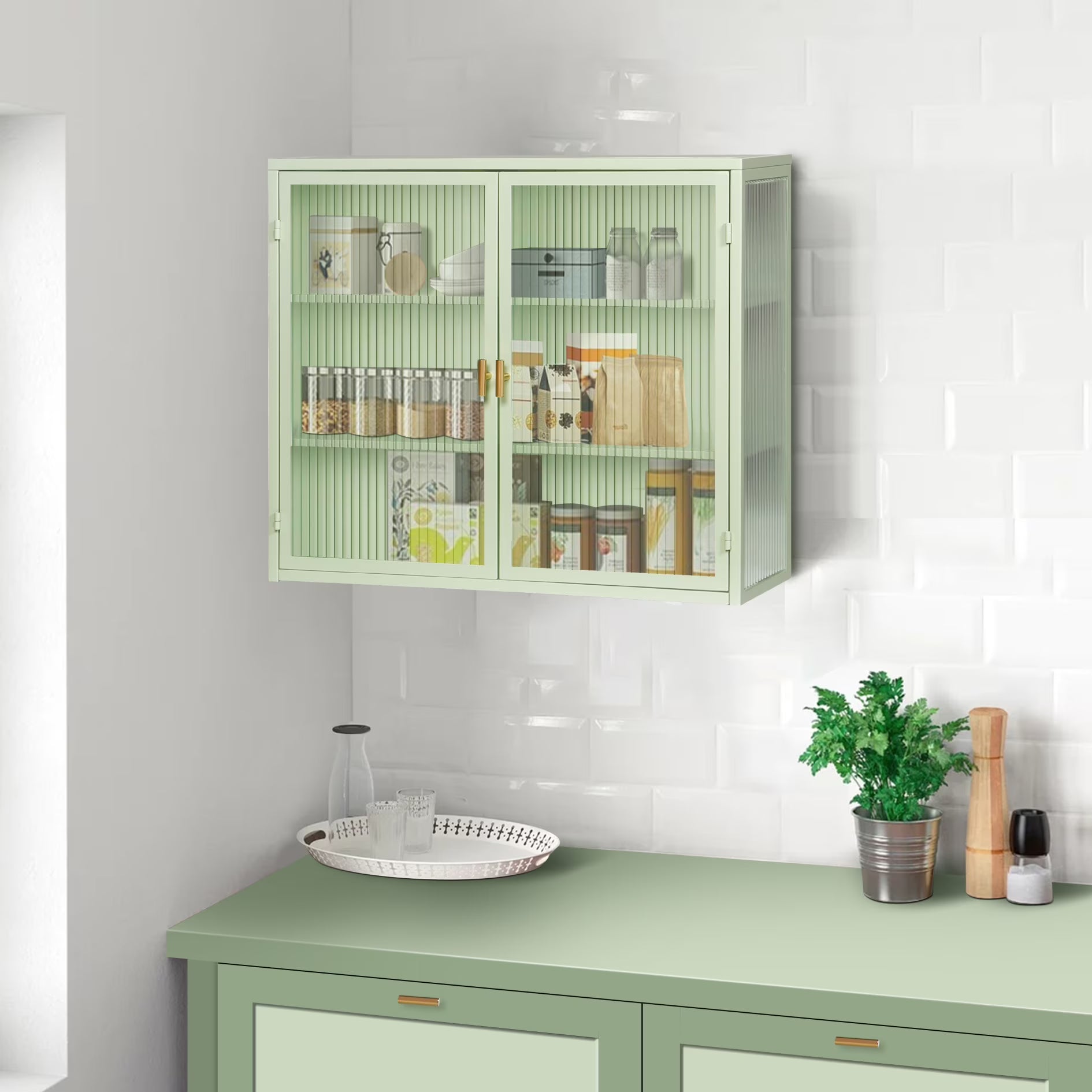 Two-door Wall Cabinet, Modern Kitchen Wall Mounted Cabinet with 2 Glass Doors, Two-tier Enclosed Storage, an Open Shelf, Towel Rack, Metal Wall Cabinet for Entryway, Living Room, Bathroom, White