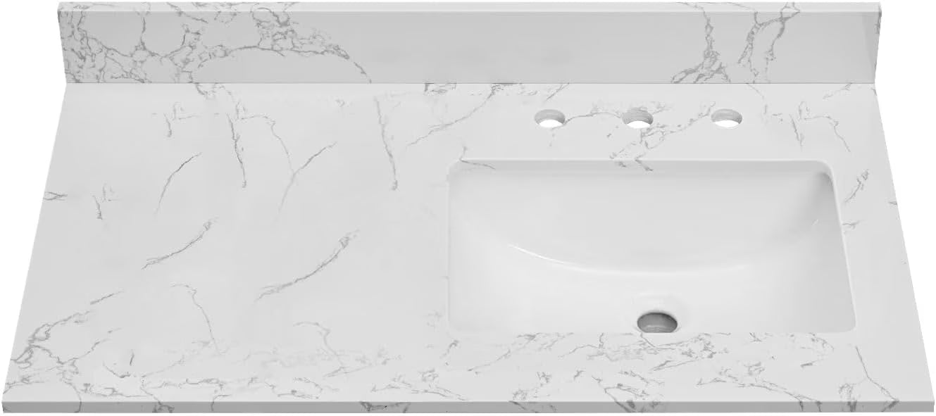 36x22 Engineered Stone Vanity Sink Top, White Bathroom Countertop with Undermount Left Sink, Vanity Top with 8 inch 3 Faucet Hole Spacing and Backsplash