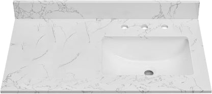 36x22 Engineered Stone Vanity Sink Top, White Bathroom Countertop with Undermount Left Sink, Vanity Top with 8 inch 3 Faucet Hole Spacing and Backsplash