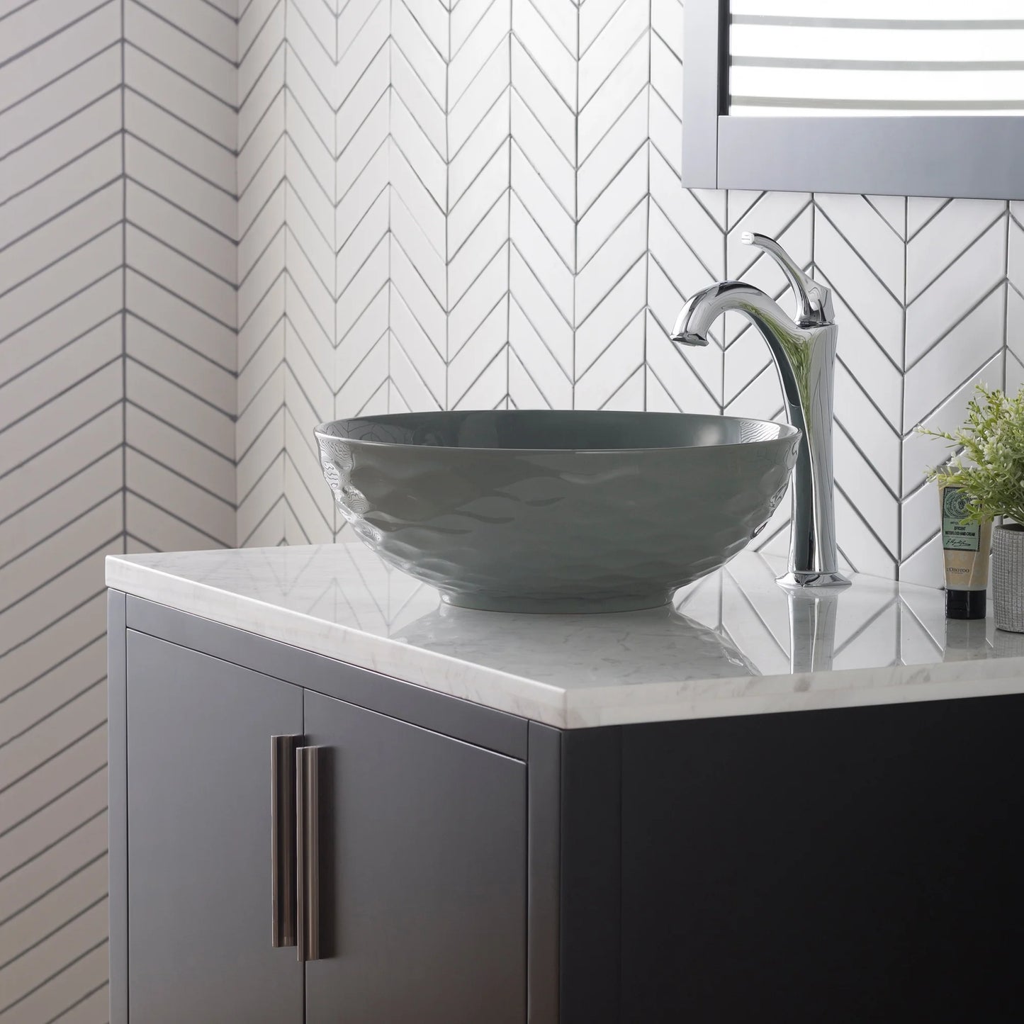 KRAUS Viva Round Gray Porcelain Ceramic Vessel Bathroom Sink with Pop-Up Drain, 16 1/2 in. D x 5 1/2 in. H