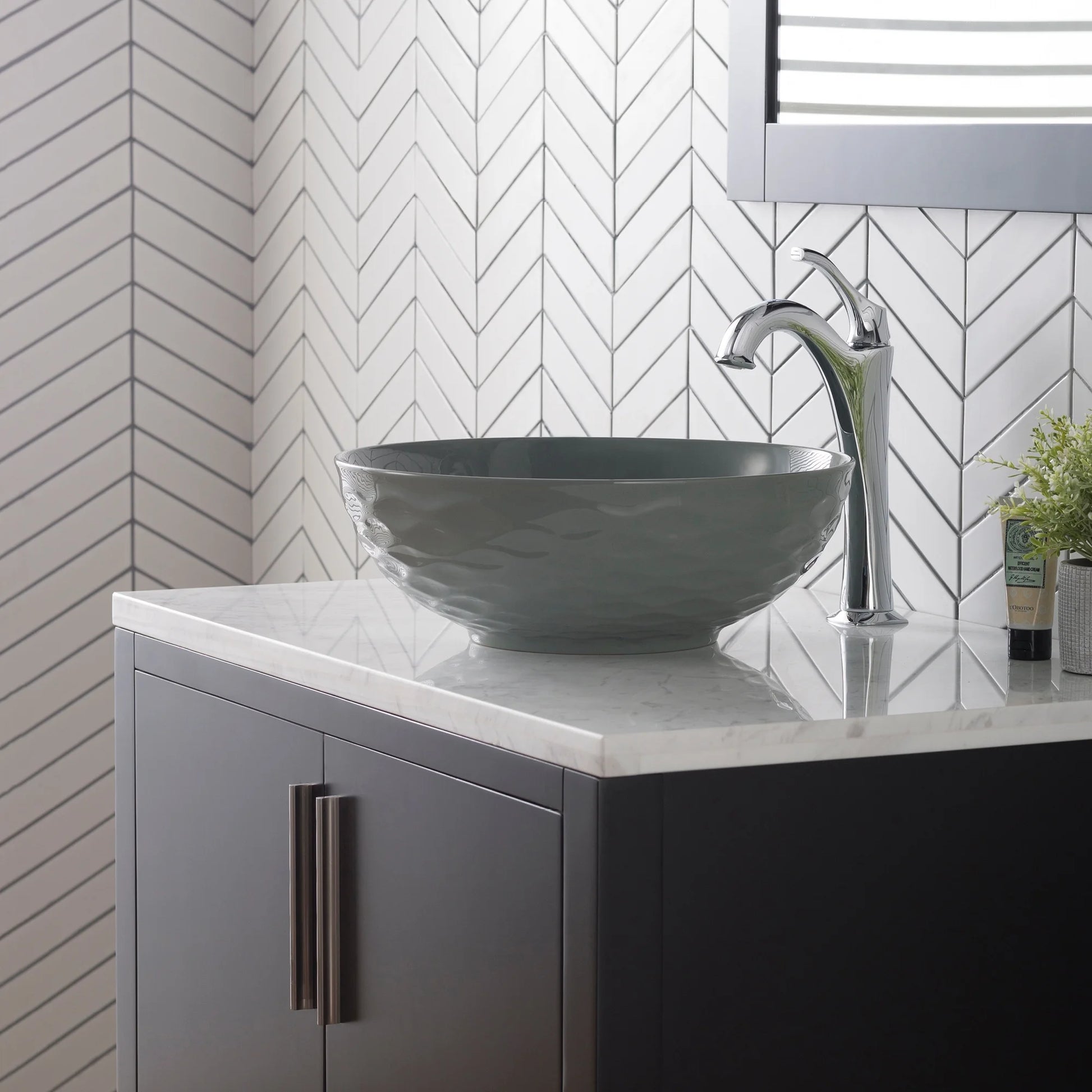 KRAUS Viva Round Gray Porcelain Ceramic Vessel Bathroom Sink with Pop-Up Drain, 16 1/2 in. D x 5 1/2 in. H