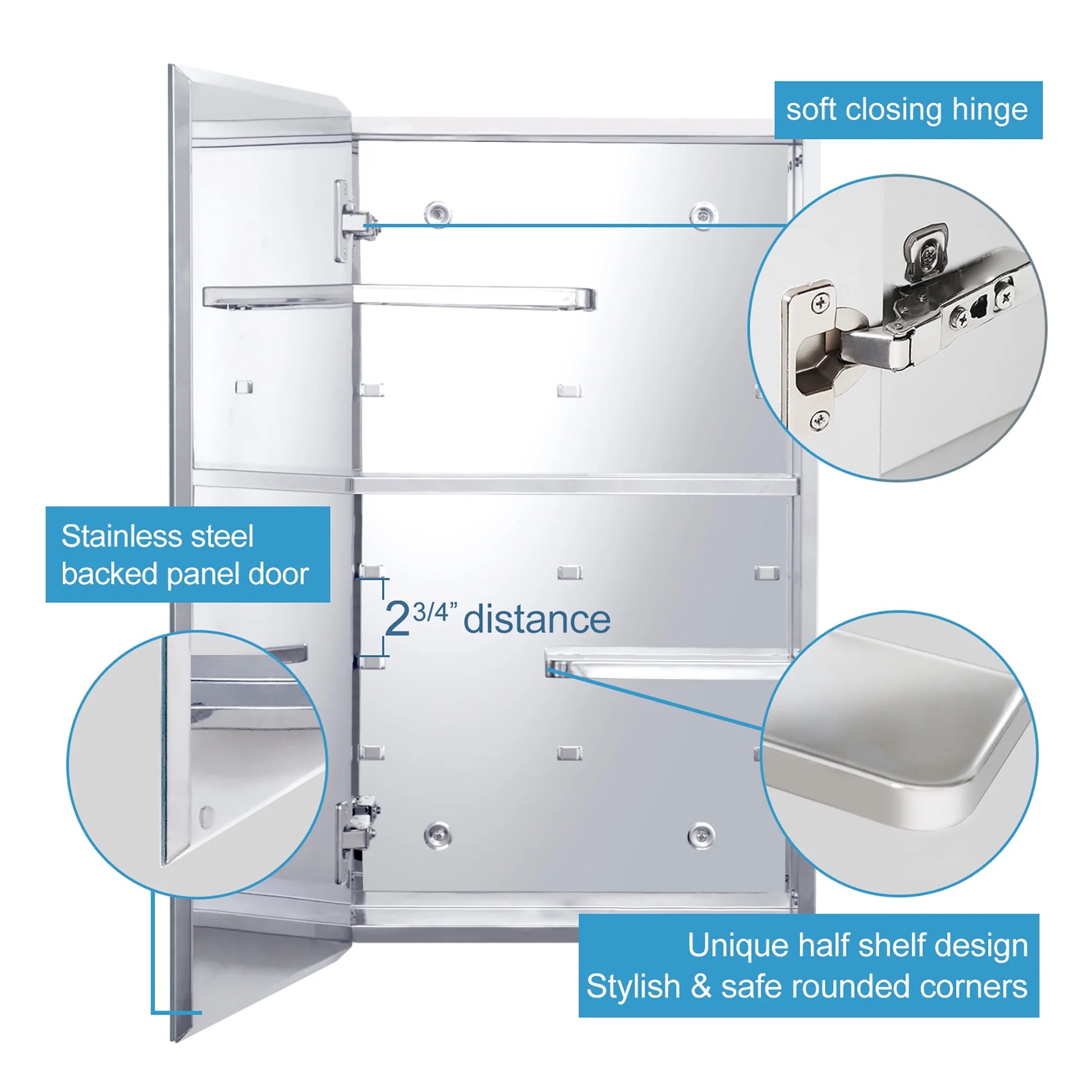 Fundin Stainless Steel Medicine Cabinet, Bathroom Mirror Cabinet, with unique half-shelves, Recess and Surface mount, 14.8 x 25.5 inch