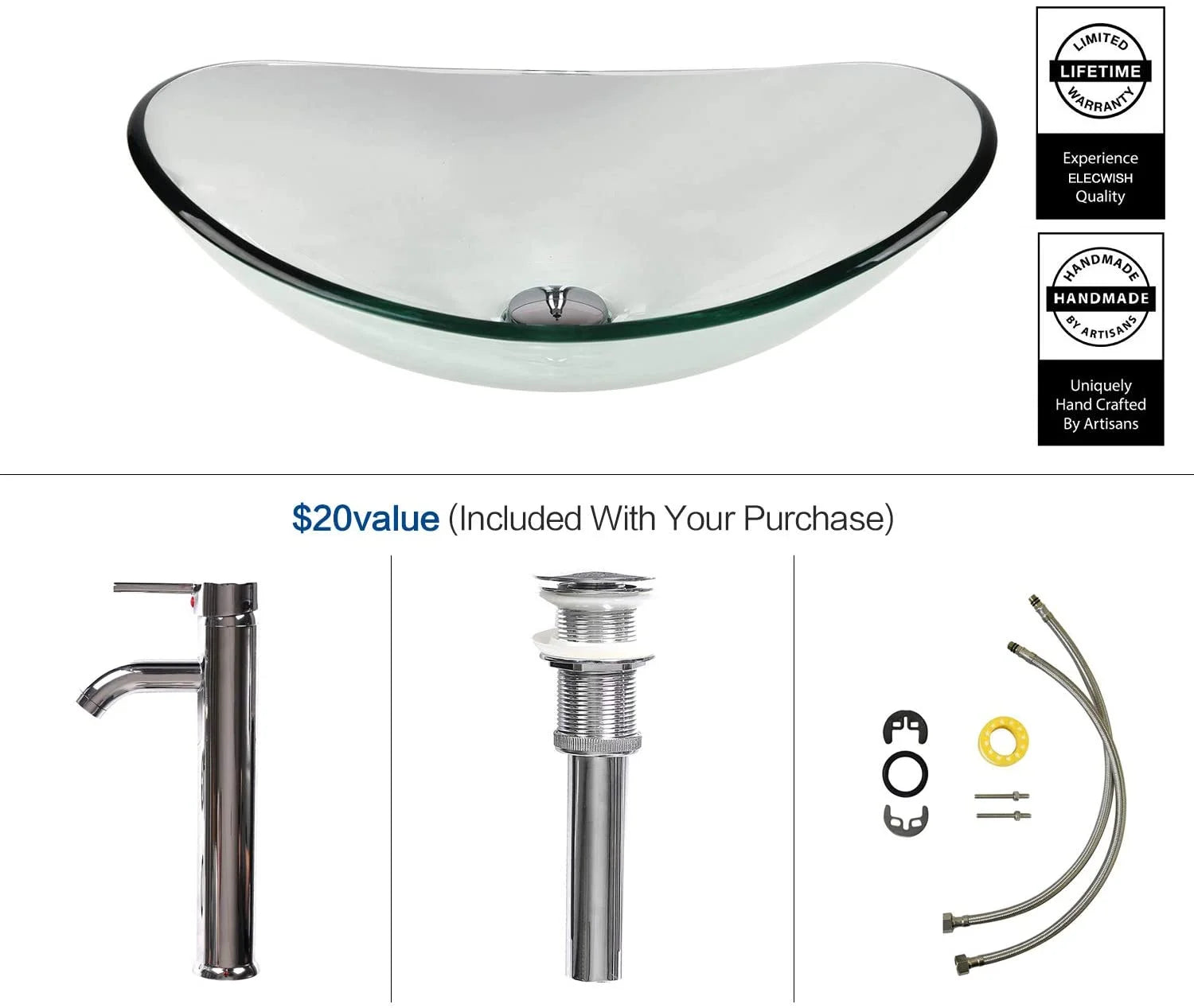 ELECWISH Bathroom Frosted Vessel Sink Tempered Glass Basin Chrome Faucet Pop-up Drain Combo