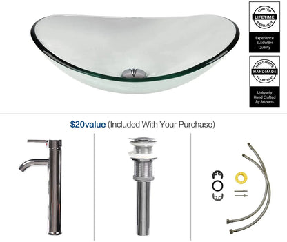 ELECWISH Bathroom Frosted Vessel Sink Tempered Glass Basin Chrome Faucet Pop-up Drain Combo