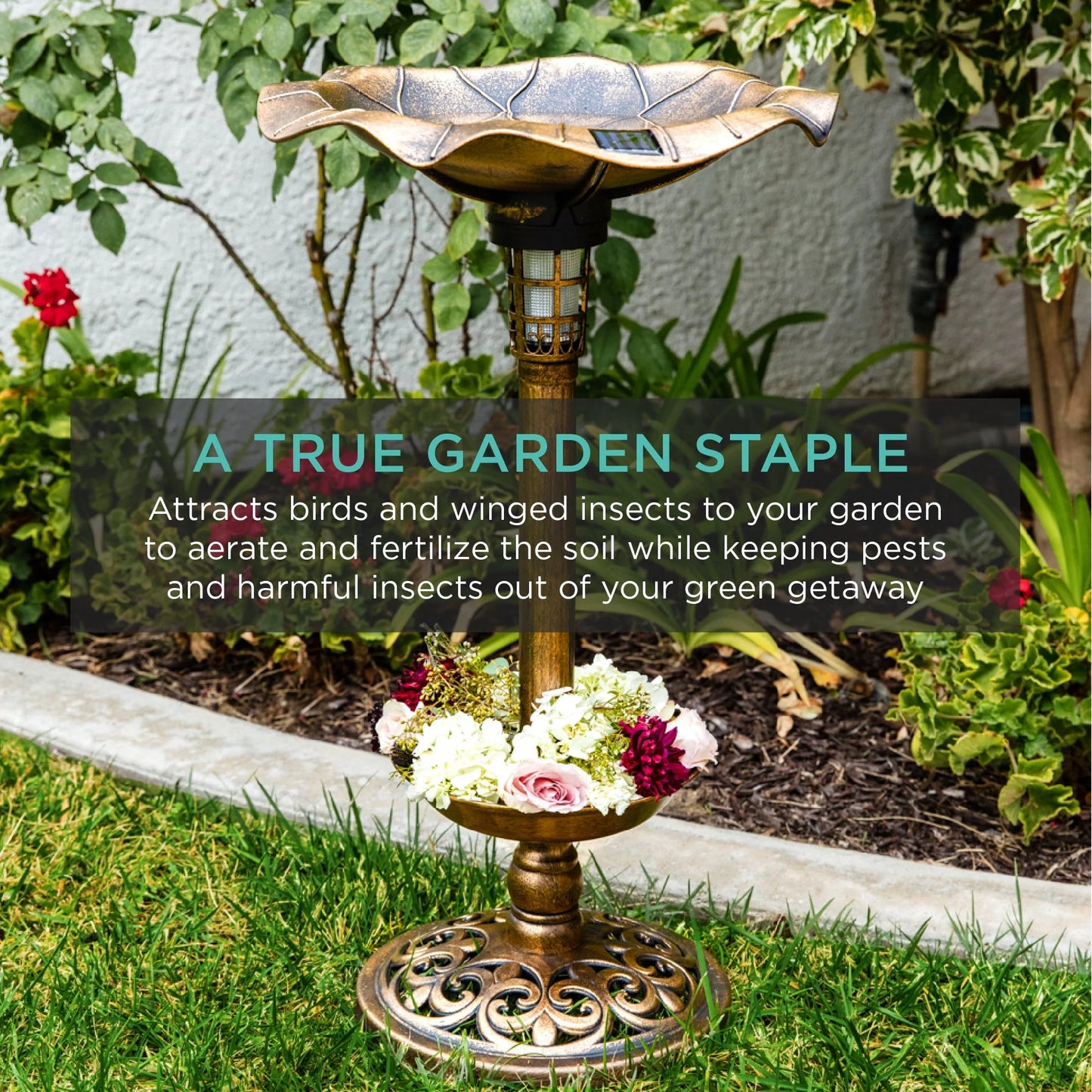 Best Choice Products Solar Lighted Pedestal Bird Bath w/ Planter, Integrated Panel - Bronze