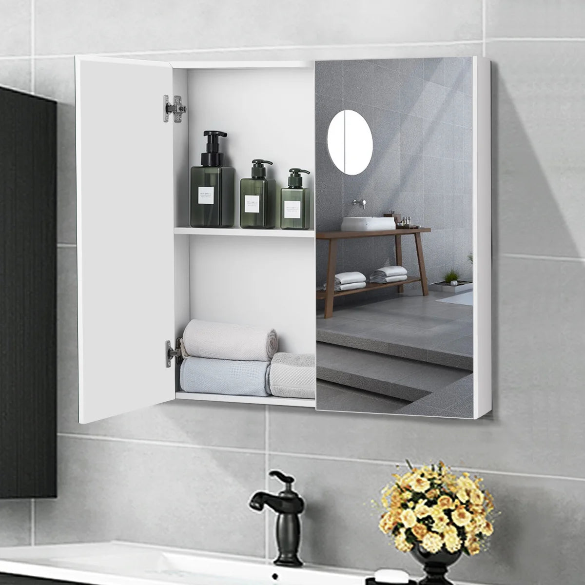 Costway Bathroom Cabinet Medicine Cabinet Wall Mount Double Door with Shelf and Mirror