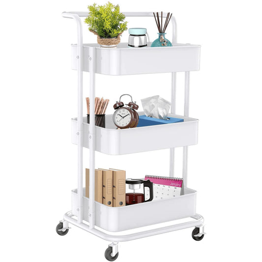 3-Tier Metal Rolling Cart Utility & Storage Cart with Lockable Wheels Kitchen Bathroom Office(White)